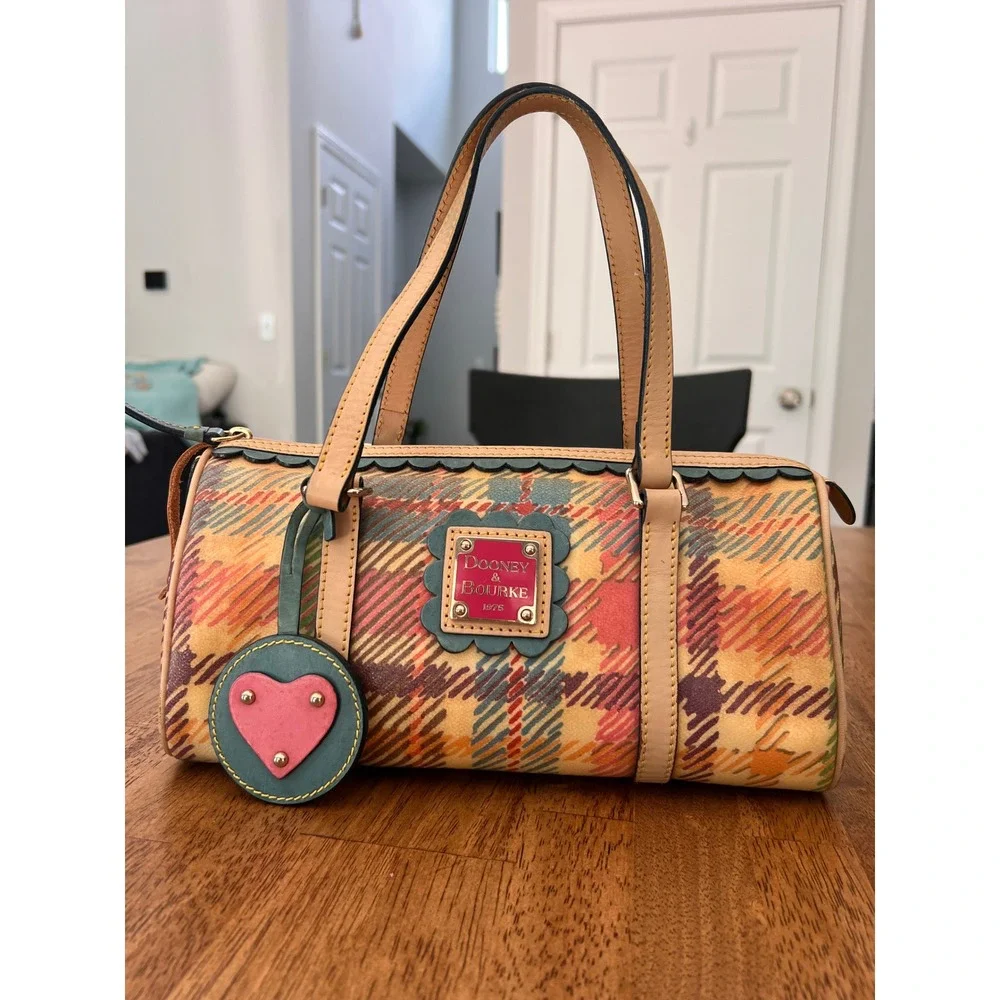 Dooney & Bourke Plaid Coated Canvas Barrel Bag Multicolor Scalloped Trim Satchel